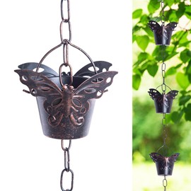 Voltogar Rain Chain Cups to Replace Gutter Downspout for Outside, Divert Water and Home Display, Metal Rain Chain Downspouts 12 Cups with Butterfly, Eaves Drainage, Adjustable Length, Black