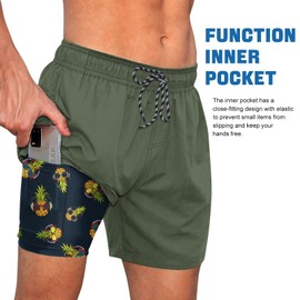 Cozople Men's Compression Liner Swim Shorts Novelty Pineapple Funny Print Swim Trunks Beach Quick Dry Lightweight Stretchy Board Shorts with Side Pockets for Summer Size Medium Army Green