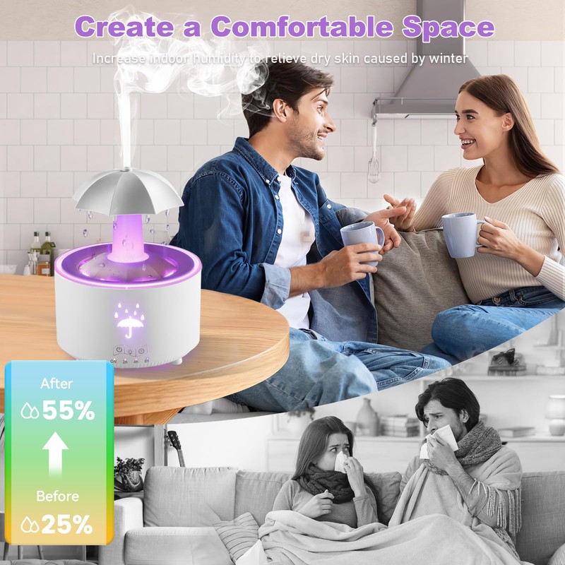 Humidifier for Bedroom, 7-Color Rotating Umbrella Diffuser with Rain Drop