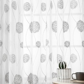 MIULEE Curtains with Floral Embroidery, Curtains White with Grey Pattern for Living Room, Bedroom Curtain Transparent with Eyelets, Set of 2 Voile Flowers Transparent Curtains, Each H 300 x W 140 cm