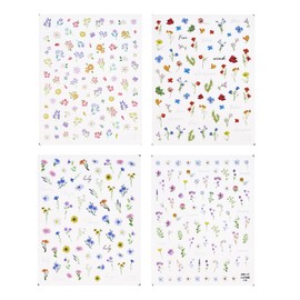Flower Nail Art Stickers Penta Angel 4 Sheets 3D Self Adhesive Embossed Spring Red Blue Purple Green Floral Daisy Leaf Nail Decal Accessories for Women DIY Nail Decoration Manicure (Mixed Color)