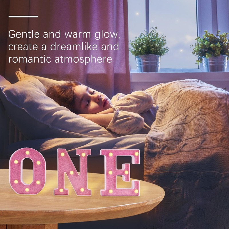 Ufurty Letras decorativas iluminadas, números de carpa LED rosa 'ONE',