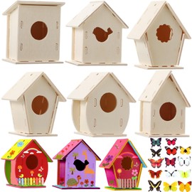 Sawysine 93 Pcs DIY Birdhouse Kits for Kids to Build, 36 Wooden Bird House 6 Shapes and 57 Butterfly Sticker for Children Spring Craft Activity Art Project DIY(Multiple Entrance)
