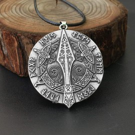 HAQUIL Viking Necklace, Odin Gungnir Huginn Muninn Ravens Medallion Pendant, Faux Leather Cord, Viking Jewelry Gift (AD)