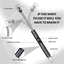 2 PCS Electric Lighter, Candle Lighter Arc Windproof Flame-Less with 360° Flexible Neck & LED Power Display, Type-C Rechargeable for BBQ, Grill, Camping, Fireplace, Stove