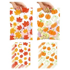 JarThenaAMCS 50Pcs Fall Party Favor Bag Pumpkin Maple Leaves Plastic Treat Bags with Handles Clear Candy Goodie Bags for Autumn Harvest Thanksgiving Snack Cookie Packing