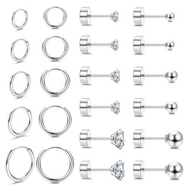 FIOROYAL 11 Pairs of Earrings Silver Hoop Earrings Small for Women Round Zirconia Ball Helix Piercings 14K Gold-Plated Medical Stud Earrings for Girls Silver A, Zircon Zircon 14K Gold