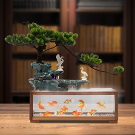 Tabletop Water Fountains with LED Light and Atomizer,Desktop Waterfall Bonsai with Fish Bowl,Desktop Fountain Waterfall for Good Luck Wealth