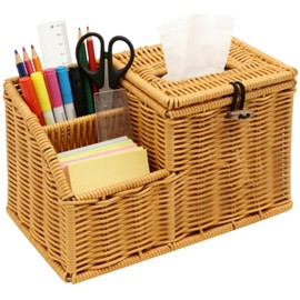 Square Tissue Box Cover with Storage, Multifunction Cube Tissue Box Holder, Farmhouse Wicker Remote Control Nightstand Organizer Caddy for Bathroom, Home, Office Decor, Kitchen Countertop