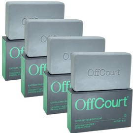 OffCourt Exfoliating Body Soap – Deep Cleansing & Exfoliating Soap for Men & Women. Non-Drying Bar - Medium Strength Scent of Coconut Water + Sandalwood. For All Skin Types (5oz, 4 Pack)
