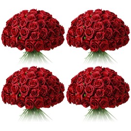 Tifuly 100 Pcs Red Roses Artificial Flowers Bulk, Realistic Long Stem Fake Silk Roses Bouquet for Wedding Centerpiece Table Vases Party Home Kitchen Decor（Burgundy）