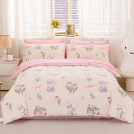 Atarashi Twin Comforter Set Bedding for Girls 7 Piece - Includes Comforter, Pillow Shams, Envelope Pillowcase, Fitted Sheet, Flat Sheet- Soft Bedding Set for Kids Pink & Rabbit Color