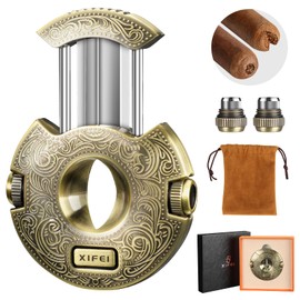 XIFEI Cigar Cutter, Stainless Steel V-Cut Cigar Cutter Guillotine with 2 Cigar Punch, Ergonomic Design Cigar Clipper with Secure-Lock, Up to 58 Ring Gauge, Ideal Gifts for Men (Bronze)
