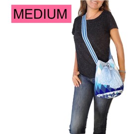 Original Wayuu Mochila Bag For Women, Colombian boho bags, Handmade With Big Nice-Looking Tassels (Medium, Blue Shades - Medium)