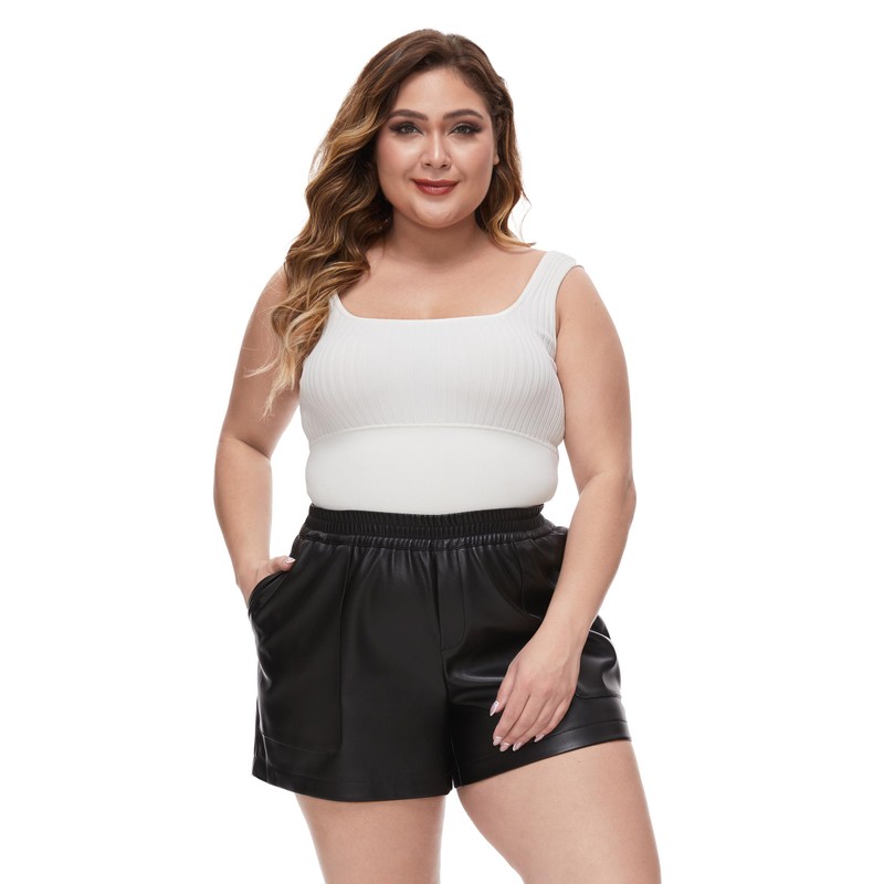 Fahsyee Plus Size Black Shorts - Faux Elastic High Waisted