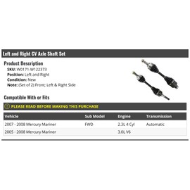 Front CV Axle Shaft Set of 2 - Compatible with 2005-2008 Mercury Mariner FWD