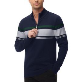 MAGCOMSEN Hombres Suéteres 1/4 Cremallera Hasta Casual Rayas Jersey Polo Suéteres Otoño Invierno Sudaderas, Azul marino gris claro., Medium