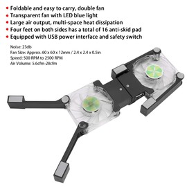 Laptop Cooling Pad, Dual Fan Foldable Laptop Cooler, 2.4 x 2.4 x 0.5in USB Laptop Cooler with 2 Fans LED Blue Light Safety Switch with 500 RPM to 2500 RPM Large Air Output(Black)