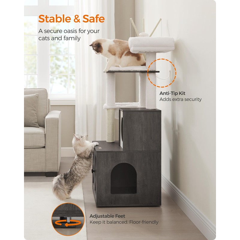 Feandrea Cat Tree with Litter Box Enclosure, 2-in-1 Modern Cat