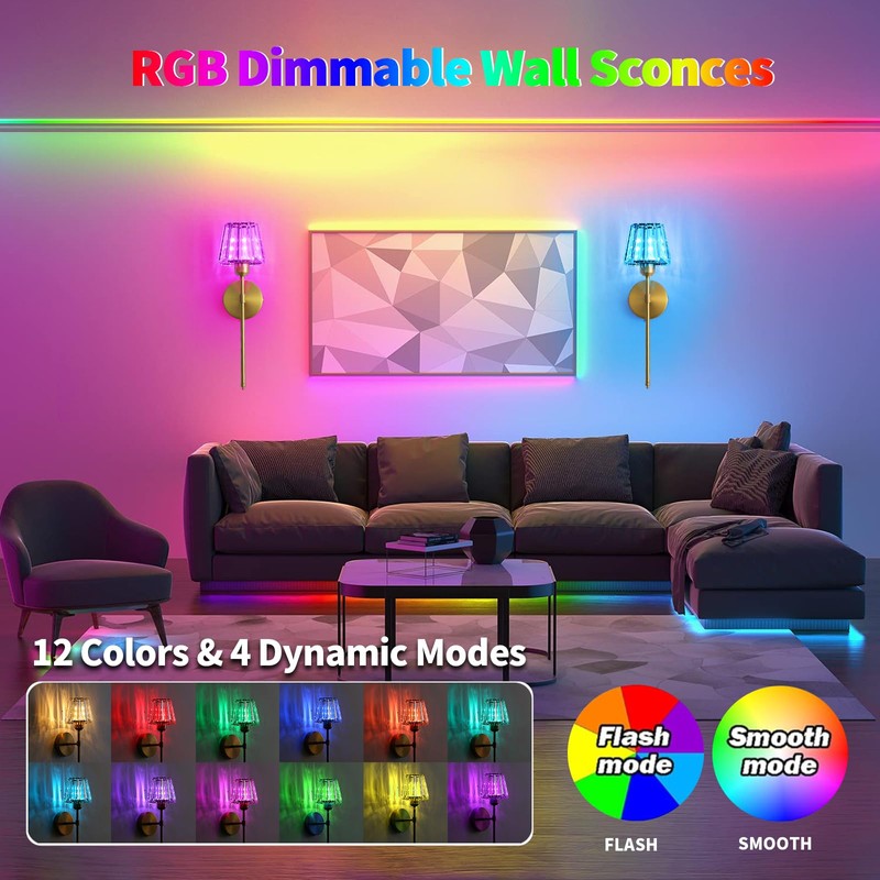 Battery Operated Crystal Wall Sconce Set of 2, Gold Rechargeable
