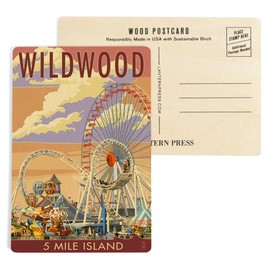 Wildwood, New Jersey, Pier and Sunset (4x6 Birch Wood Postcards, 2-Pack Stationary, Rustic Home Wall Decor)