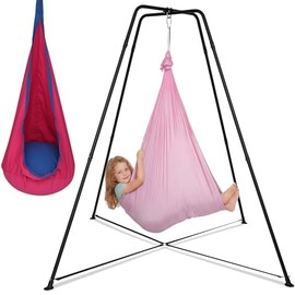 Swing Stand Frame with Sensory Swing and Pod Swing, Heavy-Duty X-Frame Sensory Swing Stand for Kids, Indoor & Outdoor Autism Sensory Hammock with Stand 330LBS Capacity for Home Backyard Park （Pink）
