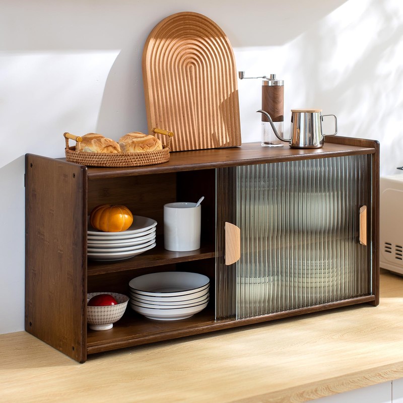 HollyHOME Small Bamboo Wall Mounted Kitchen Pantry Sideboard with 2