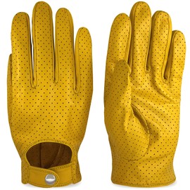 ZLUXURQ Men's Luxury and Soft 100% Sheepskin Leather Driving Gloves with Full Mesh, Touch Screen, Yellow