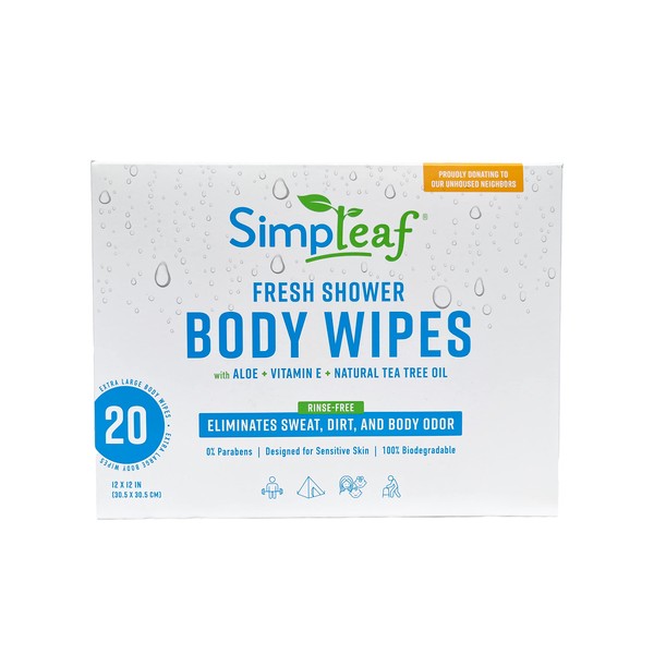 Simpleaf Body Wipes Rinse Free - Extra Large 12" x 12" Shower Wipes - Eco-Friendly, Paraben & Alcohol Free - Hypoallergenic, Safe For Skin Bathing Wipes - Bath Wipes For Adults No Rinse 20 Count Pack