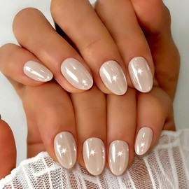 SXVME Uñas postizas cortas ovaladas color beige cromado blanco, 32 piezas de uñas postizas gruesas y bonitas con acabado brillante y diseño de espejo,