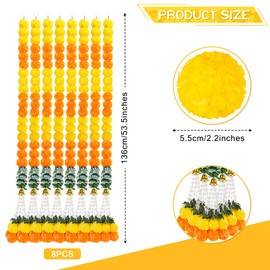 8PCS Diwali Decorations Artificial Marigold Garland for Home, Flower Long Strands for Indian Wedding Door Mantel, Marigold Garland with Bell and Leaves Hanging Pendants for Pooja Christmas Party Decor