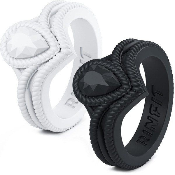 Rinfit Silicone Rings for Women - Silicone Ring Women - Rubber Wedding Rings For Women - Silicone Wedding Bands Women - Pear Diamond Collection - White & Black Rings - Size 7
