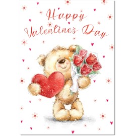 doodlecards Valentine's Day Card Teddy with Love Heart and Flowers Large A4 Size with Plain Envelope