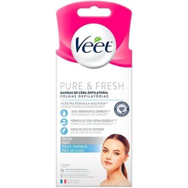 Veet Pure & Fresh, Bandas de Cera Depilatoria, Rostro, Piel Sensible, 16 piezas