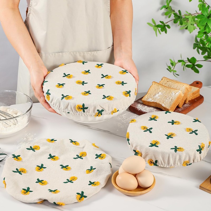 Reusable Bowl Covers for Bread Proofing Baking Embroidered Daisy Linen