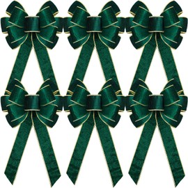 Lenwen 6 Pcs Large Christmas Bows Velvet Christmas Wreath Bows Christmas Tree Topper Bow with Golden Edge Big Xmas Ornament for Wreath Gift Home Front Door Decor (Green,11 x 19.6 Inch)