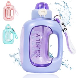 Botellas de Agua Deportivas, 1500ML Gran Capacidad, Botella de Agua Deportiva con Pajita, con Marcador de Tiempo y Cepillo de Limpieza, sin BPA, para Oficina Gimnasio（Púrpura）