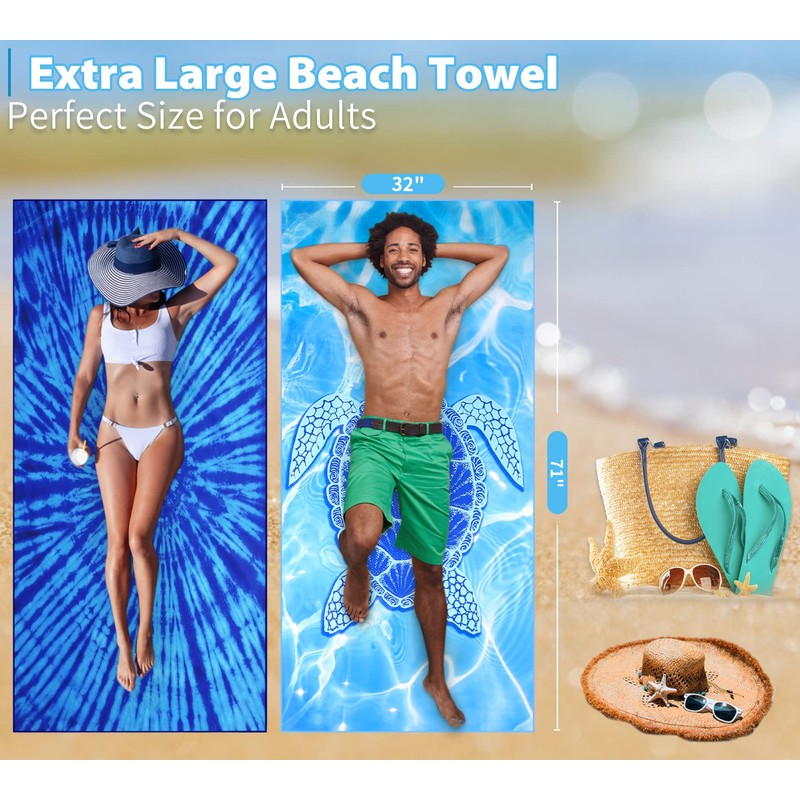 2 Pack Lightweight Thin Beach Towel Oversized 71"x32" Big Extra