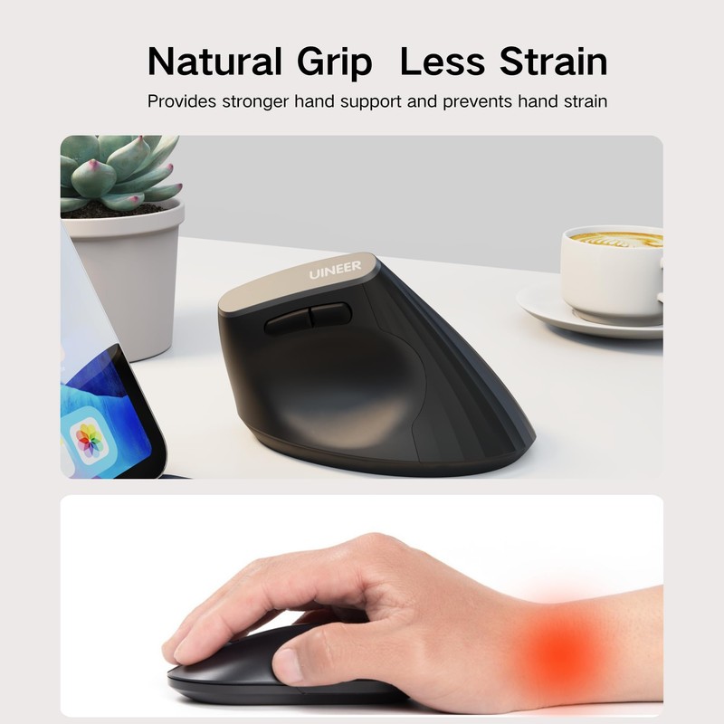 Uineer Vertical Mouse Wireless, 2.4G Rechargeable Mouse with Battery Indicator,4