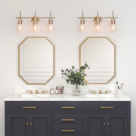 Bathroom Light Fixtures, 3-Light Bathroom Vanity Light, Gold Bathroom Light Fixtures with Clear Glass Shades for Makeup Dressing Table (20’’ L x 6’’ W x 11.5’’ H)