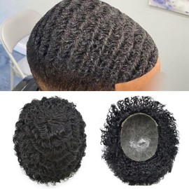 Human Hair Afro Toupee for Men - Kinky Curly African American, PU Skin, Coily Hair Piece Patch Wig (8x10", 1B OFF BLACK-AFRO WAVE 12MM)