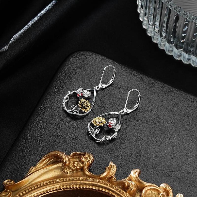 Sunflower Earrings for Women Trendy Sterling Silver Dangle Drop Earrings
