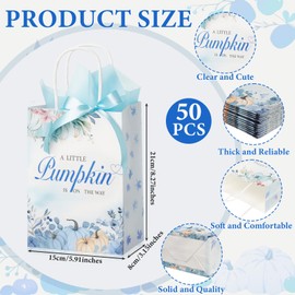 AmazingSpark 50 Sets Fall Baby Shower Gifts Bags Bulk A Little Pumpkin is On The Way Thank You Gift Bags with Handles Bow Ribbon and Tissue Paper for Guests Gender Reveal Party(Blue)
