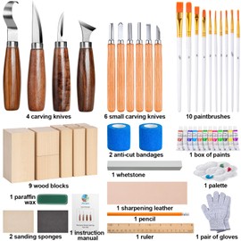 Olerqzer Deluxe Wood Carving Kit Whittling Kit, 54 PCS Wood Carving Tools Set with Carving Hook Knife,Whittling Knife,Painting Set and Basswood Blocks,Wood Carving Knives for Beginners Adults Kids