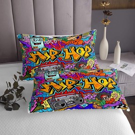 Feelyou Hippie Graffiti Sheets Hip Hop Radio Rock Bed Sheet Set Kids Boys Colorful Graffiti Pattern Bedding Set Watercolor Art Fitted Sheet Bedroom Collection 3Pcs Full Size…