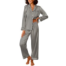 Ekouaer Womens Silk Satin Pajama Sets 2 Piece Sleepwear Pjs Set Long Sleeve Button Down Top and Pants Stripe Loungewear,M