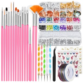 36 in 1 Professional Nail Art Kit, Brushes & Dotting Pens Set with Rhinestones, Pearls, Metallic Foil Flakes, Striping Tape, Butterfly Stickers, Manicure Design Tools for DIY, Salon, Beginners (Pink)