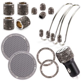 ToBeQueen 15 Pack Grey Bling Car Accessories Set for Women Girl,Bling Car Coaster,Bling Head Rest Rings,Bling Car Charger,Bling Hooks for Hanging,Bling Tire Caps,Bling Push to Start Ring,Gray