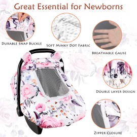 Pea Pod Floral Baby Carseat Cover Girls, Pea Pod Infant Car Seat Covers Canopy for Newborn with 2 Layers Windows of Breathable Mesh/Fabric, Lightweight Polyester/Minky Dot Backing, Snug Fit Most Baby Car Seat