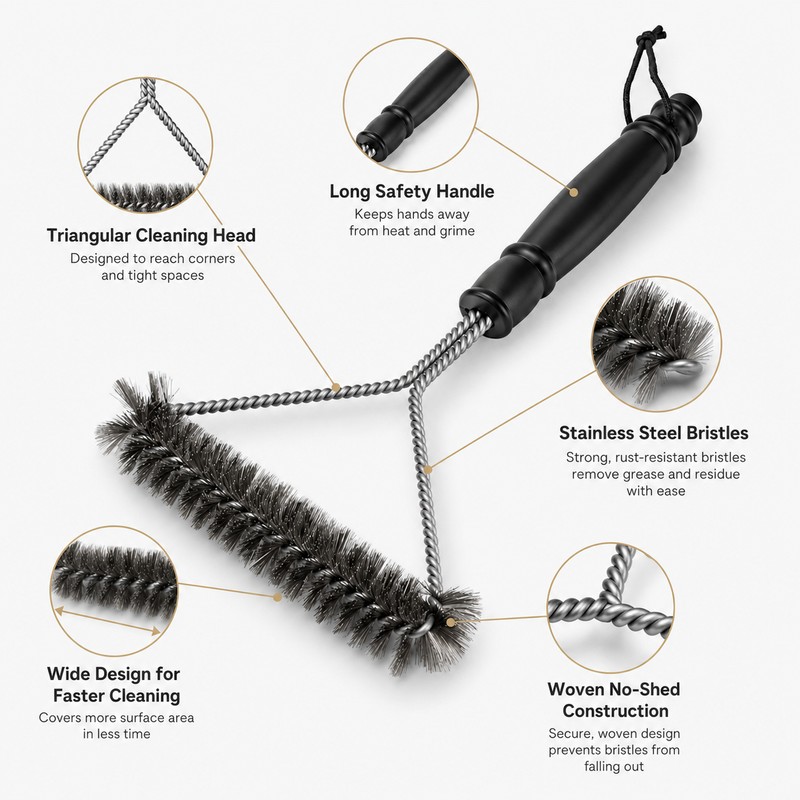 Triangular Grill Brush for BBQ Cleaning – Stainless Steel Long